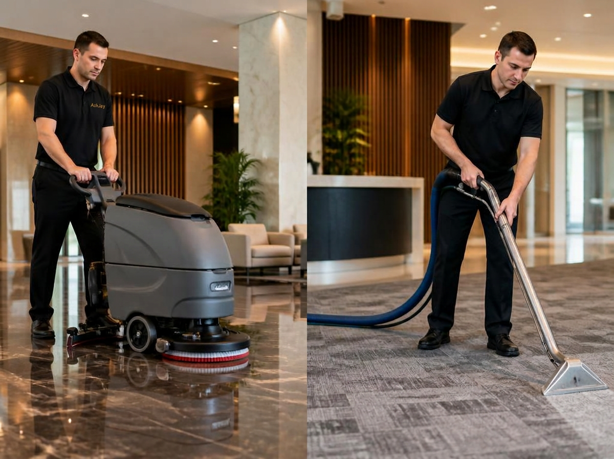 AskJay technician using commercial carpet and floor cleaning equipment