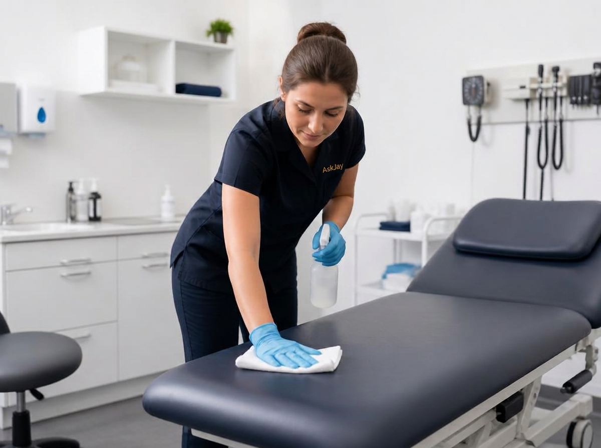 AskJay cleaner disinfecting a medical clinic treatment room in Australia