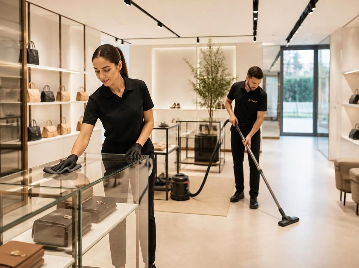 AskJay retail cleaning team polishing display cases in an Australian showroom